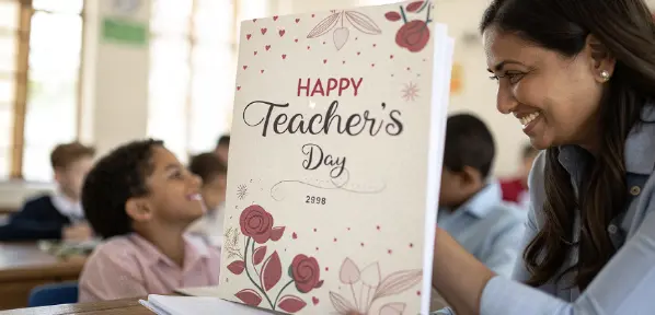 Teacher smiling while receiving Happy Teacher’s Day 2025 greeting card from students in classroom