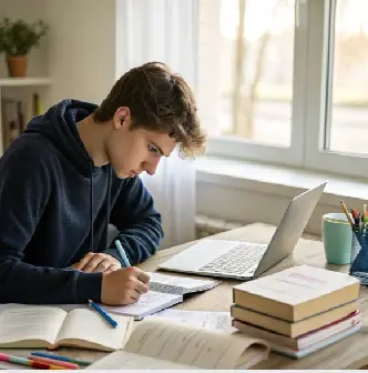 Student studying with laptop and books at desk while preparing for RRB Group D CBT 2025 exam syllabus