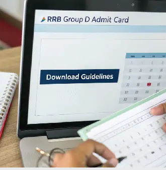 Laptop screen showing RRB Group D 2025 admit card download guidelines with calendar in background