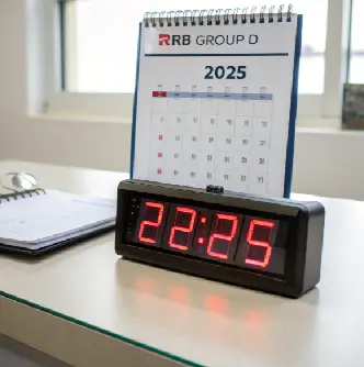 RRB Group D 2025 exam shift timings concept with desk calendar and digital clock showing 22:25