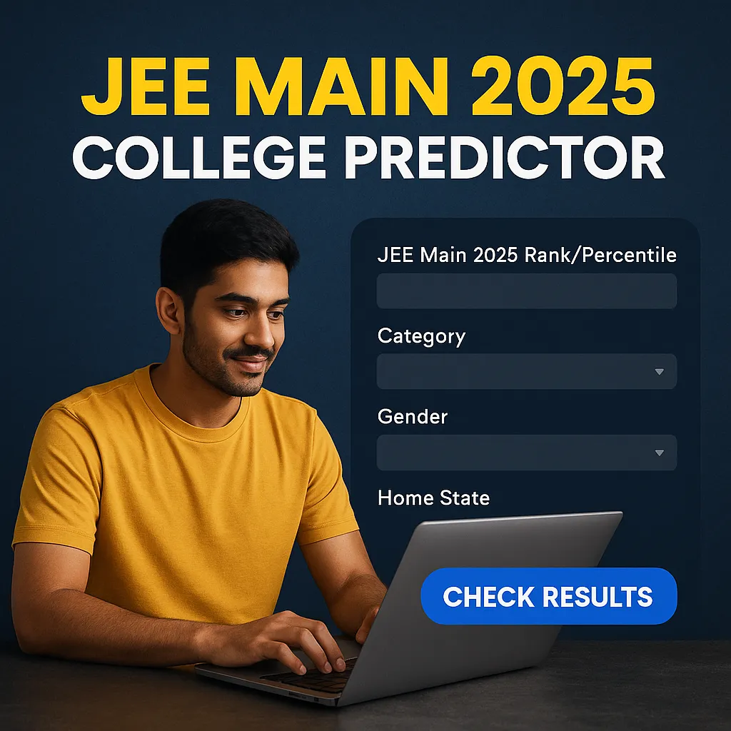A student using a laptop with the JEE Main 2025 College Predictor interface, showing rank, category, gender, and home state input fields.