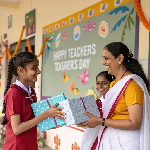 Indian school student giving Teachers’ Day 2025 gift to smiling teacher during school celebration