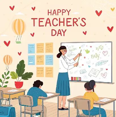 Illustration of teacher and students in classroom celebrating Happy Teachers’ Day 2025 with decorations