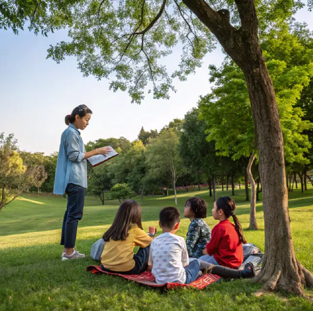 Teacher reading a book to students sitting on grass under tree during outdoor class on Teachers’ Day