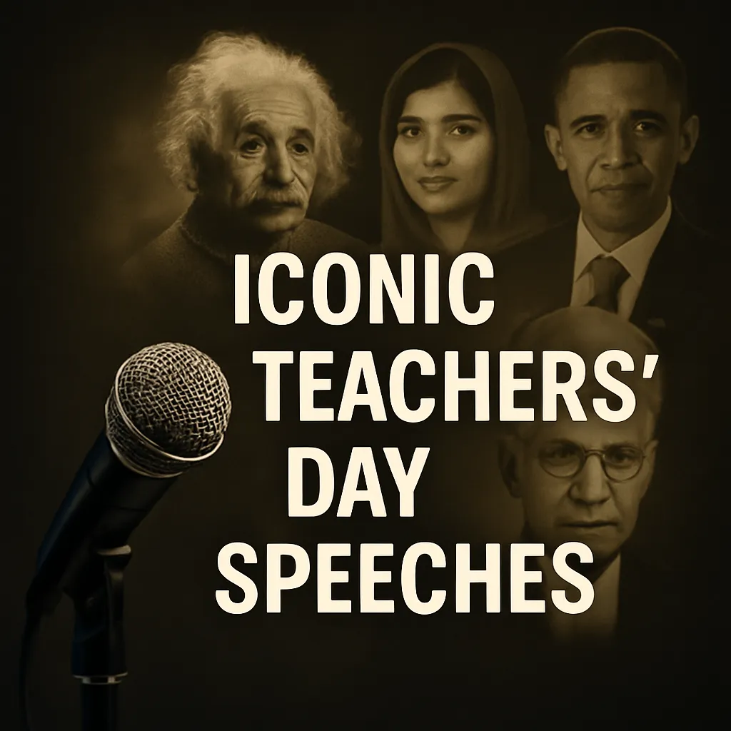 Microphone in focus with portraits of Einstein, Malala, Obama, and Radhakrishnan in sepia background, symbolizing iconic Teachers’ Day speeches.