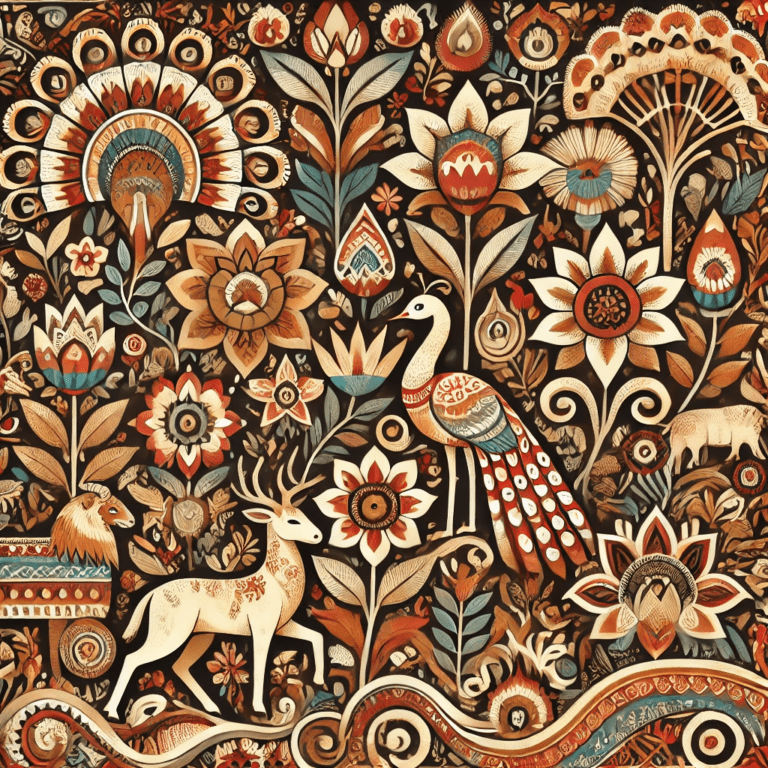 Decorative Indian artwork illustrating structured and organic alekhan motifs together