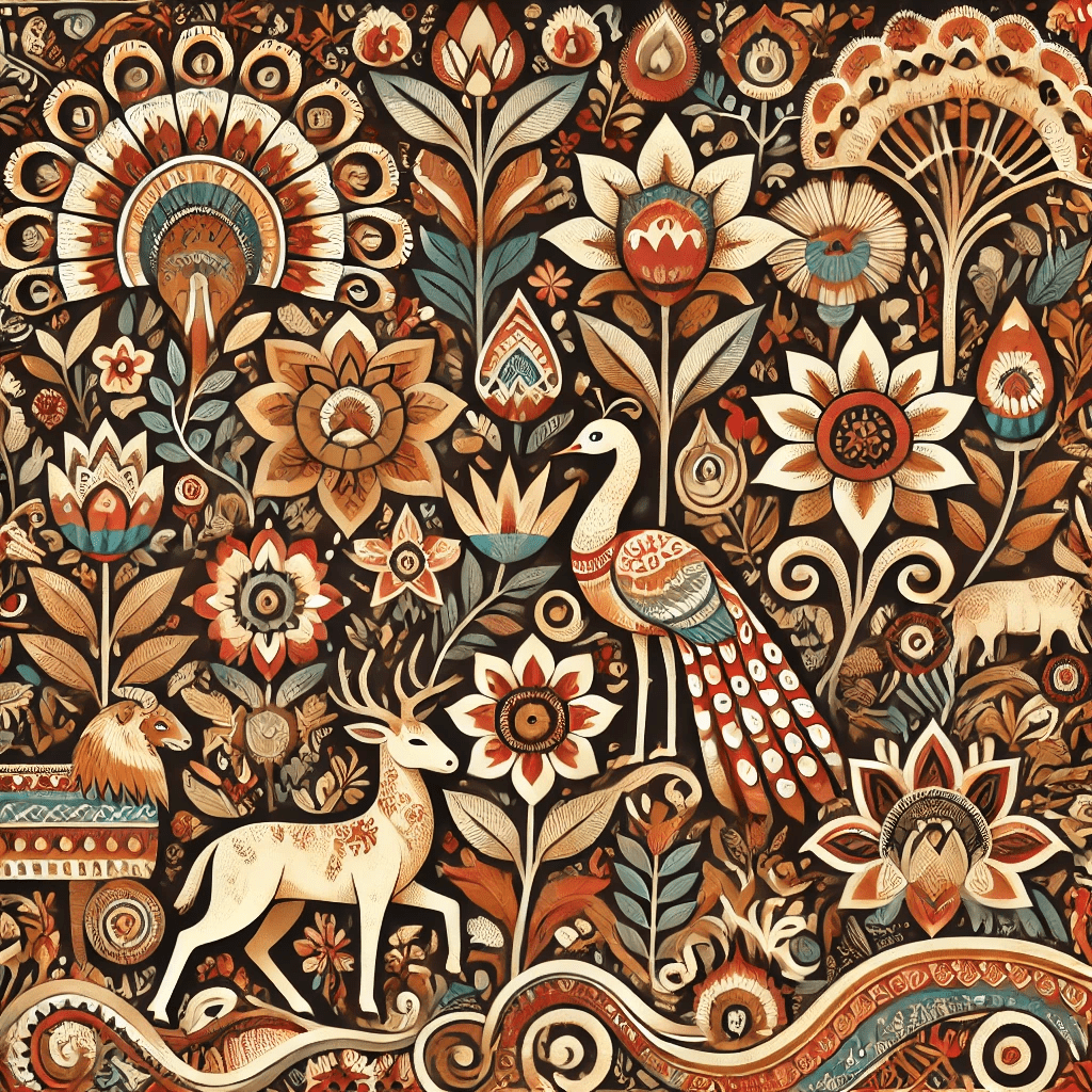 Decorative Indian artwork illustrating structured and organic alekhan motifs together