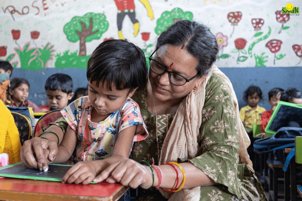 Teacher guiding young student in classroom, blending education, success and positive learning values