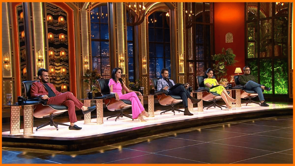Television set of Shark Tank India showcasing startup pitches