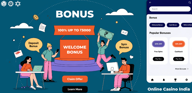 Online casino India welcome bonus illustration showing 100% deposit bonus up to ₹5000, free spins and rewards on casino online India platforms for Indian खिलाड़ी playing real money games.
