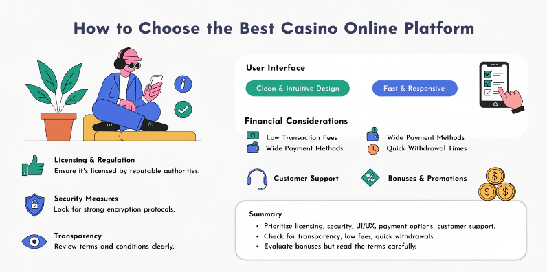 How to choose the best online casino platform infographic showing licensing checks, secure payments, bonuses and fast withdrawals for Indian खिलाड़ी using casino online India sites.