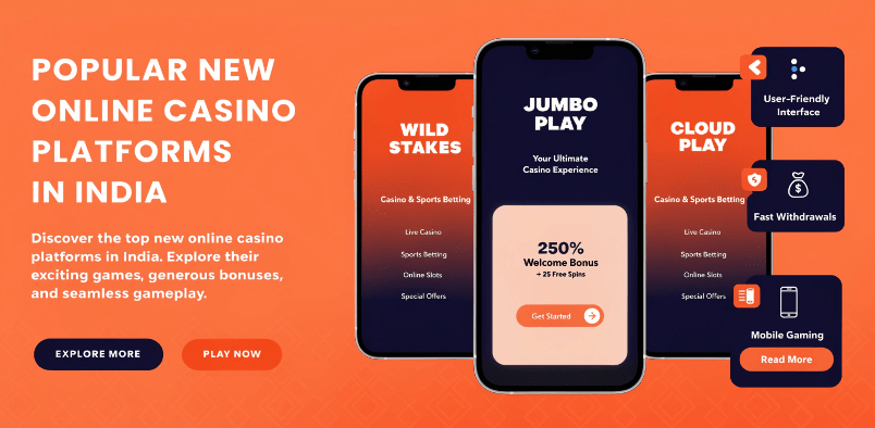 Popular new online casino platforms in India showing mobile casino apps, welcome bonus offers and fast withdrawals for Indian खिलाड़ी exploring new casino India real money sites.