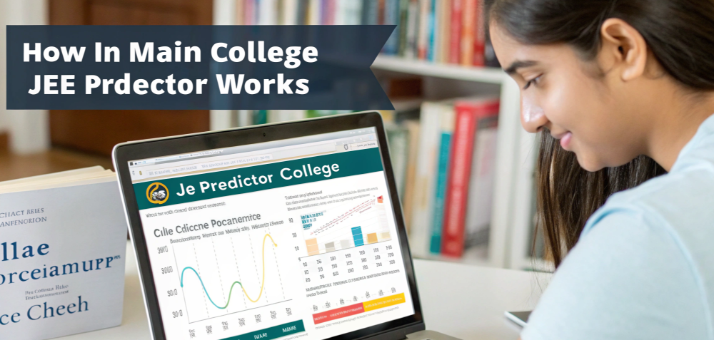 Student using JEE Main college predictor tool on laptop, checking percentile-based college options with JoSAA data.