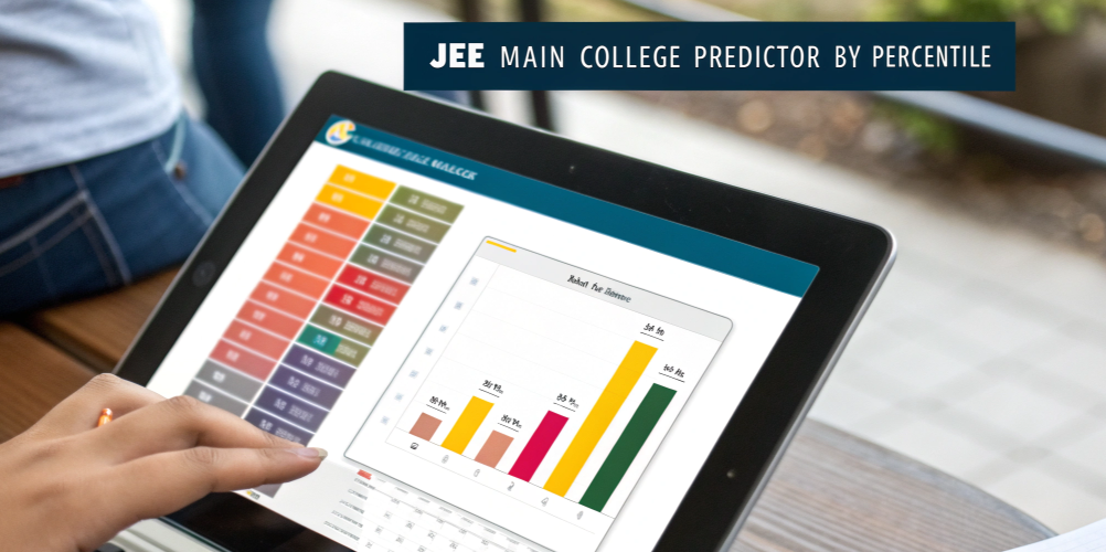 Tablet screen showing JEE Main college predictor by percentile with rank estimates and expected NIT or IIIT admissions based on score range.