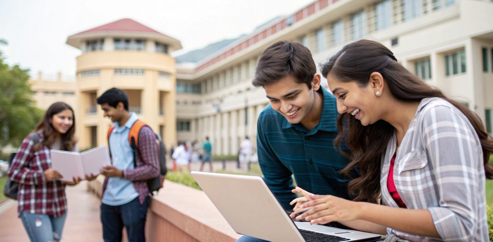 Group of students using Collegedunia JEE Main college predictor on campus laptop, known for JoSAA data accuracy and free access.