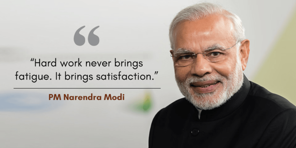 Motivational quote by Narendra Modi highlighting hard work, wisdom and daily inspiration