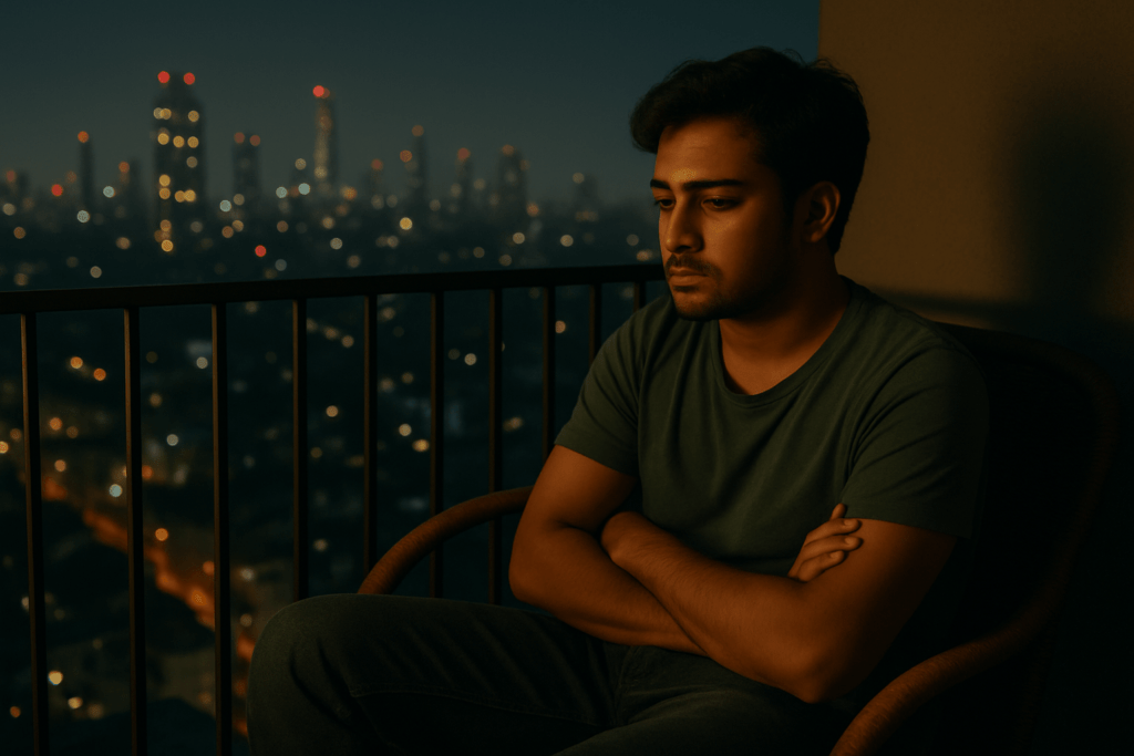 Person sitting alone calmly reflecting mixed emotions without dramatic expression