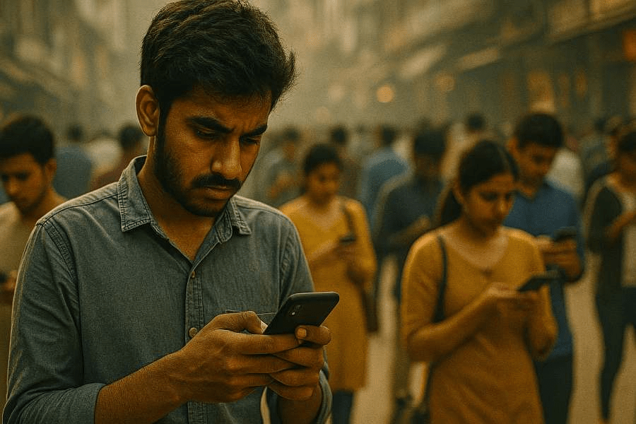 Indian youth using phone quietly reflecting emotional closeness through native language
