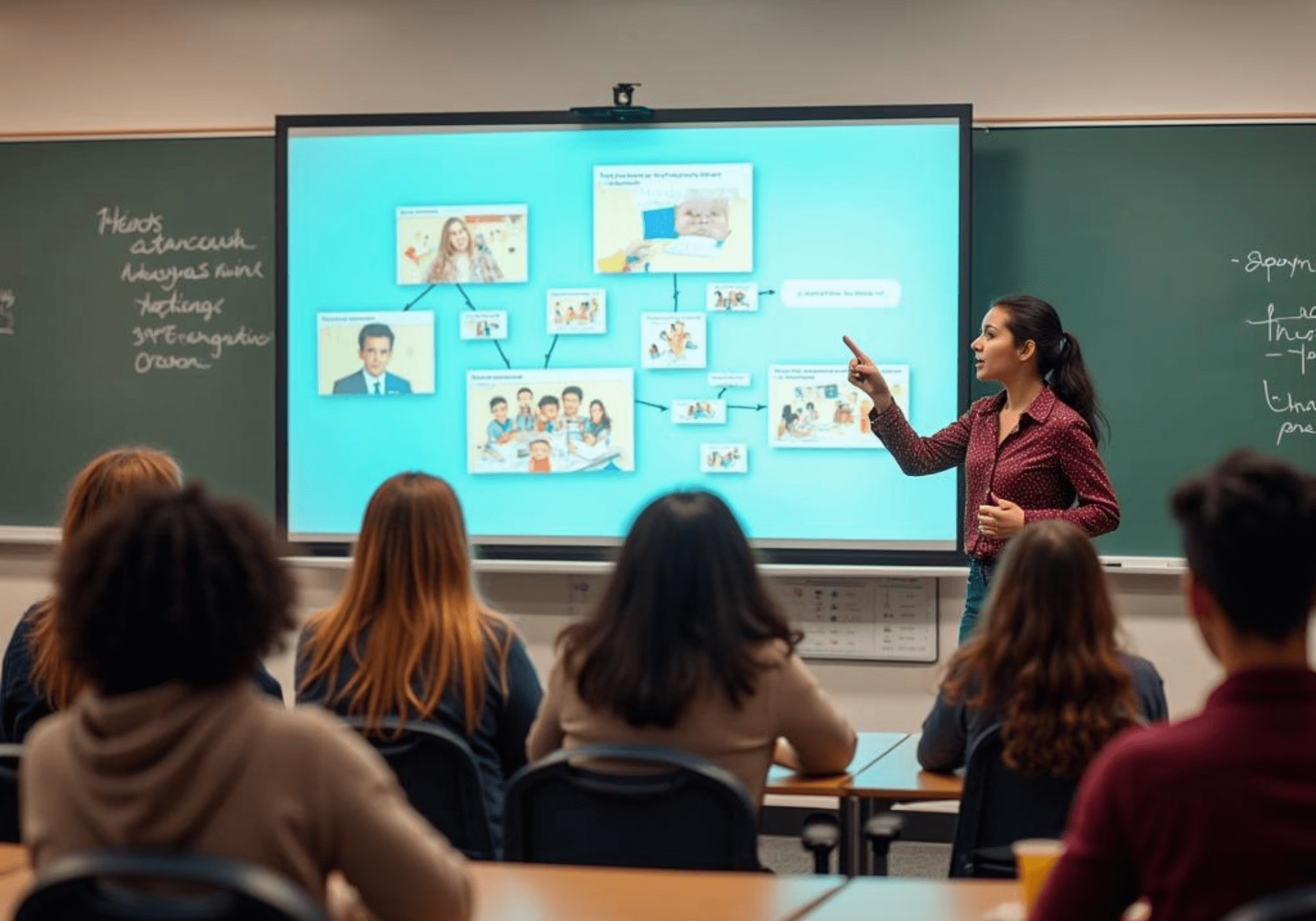University students from diverse cultures discussing ethics and human greatness academically