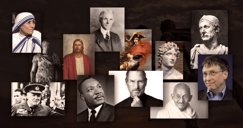 Students studying influential world figures across cultures and historical periods