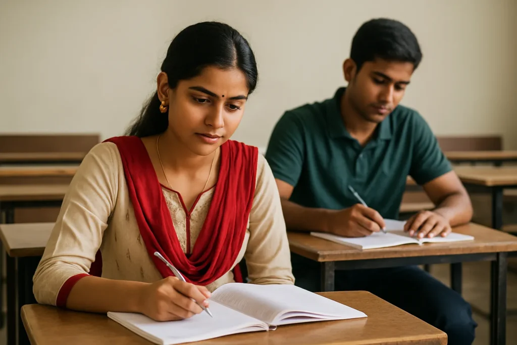 Two Indian undergraduate students writing attentively in their notebooks during a college classroom session.