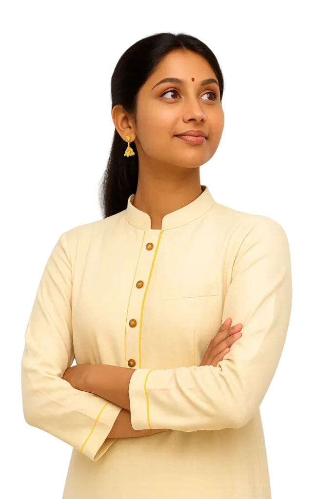 Portrait of a young Indian woman in a cream-colored kurti with golden earrings, confidently looking upward with arms crossed.