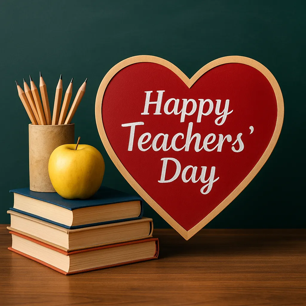 Heart-shaped red board with "Happy Teachers’ Day" message beside stacked books, apple, and pencils on a wooden desk, symbolizing gratitude for teachers.