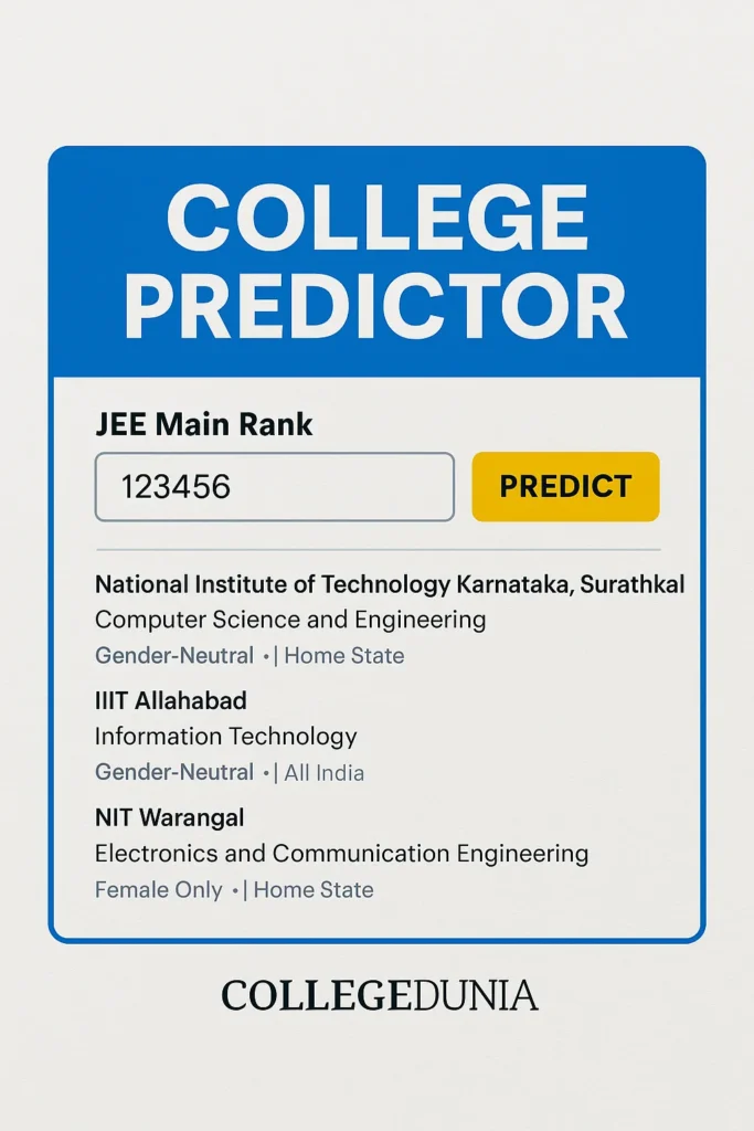 Collegedunia college predictor showing JEE Main rank input with predicted options like NIT Surathkal, IIIT Allahabad, and NIT Warangal.