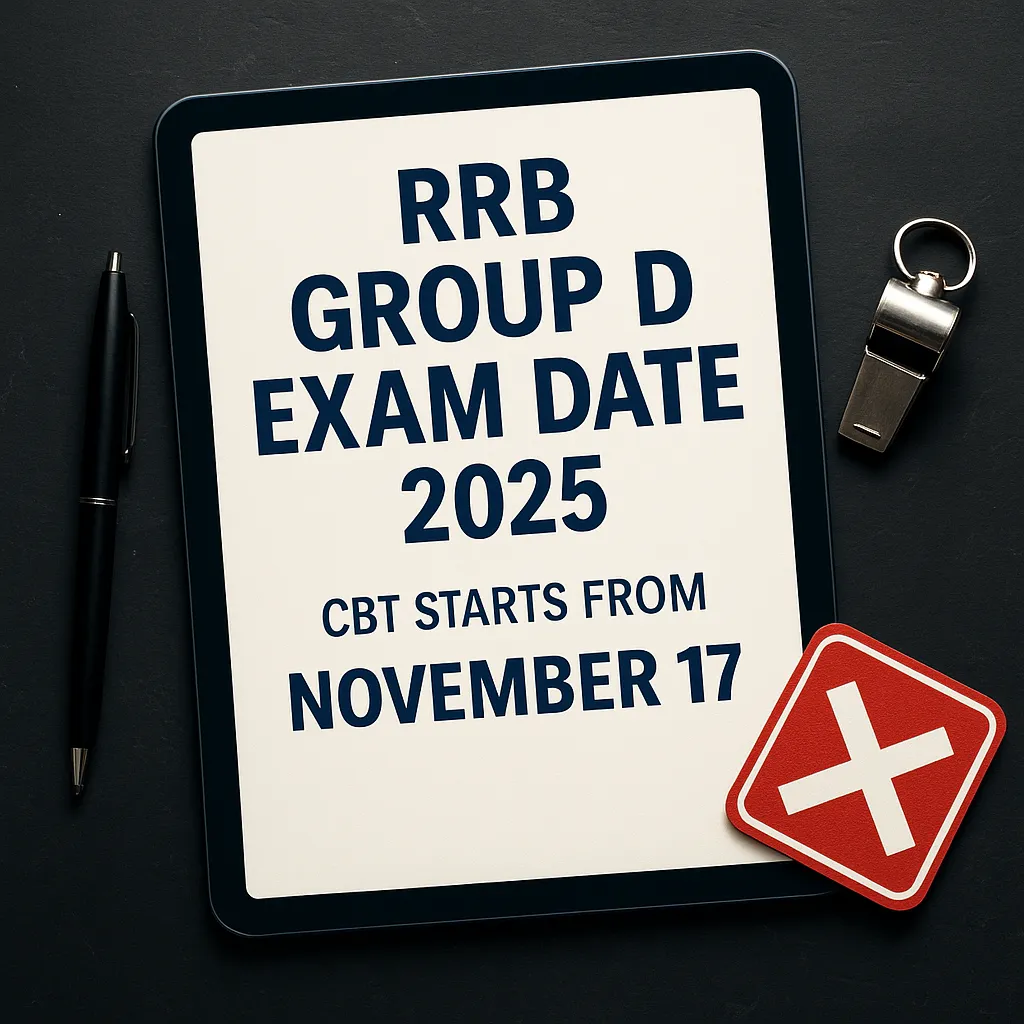 Digital tablet showing “RRB Group D Exam Date 2025 – CBT starts from November 17” with a pen, whistle, and railway sign on a dark desk.